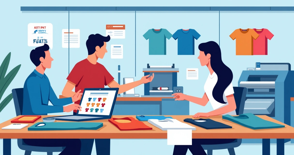 Ilustração plana corporativa de camisetas coloridas personalizadas em mesa de trabalho com designer digital em laptop e cliente explicando arte para produção rápida em Salto SP