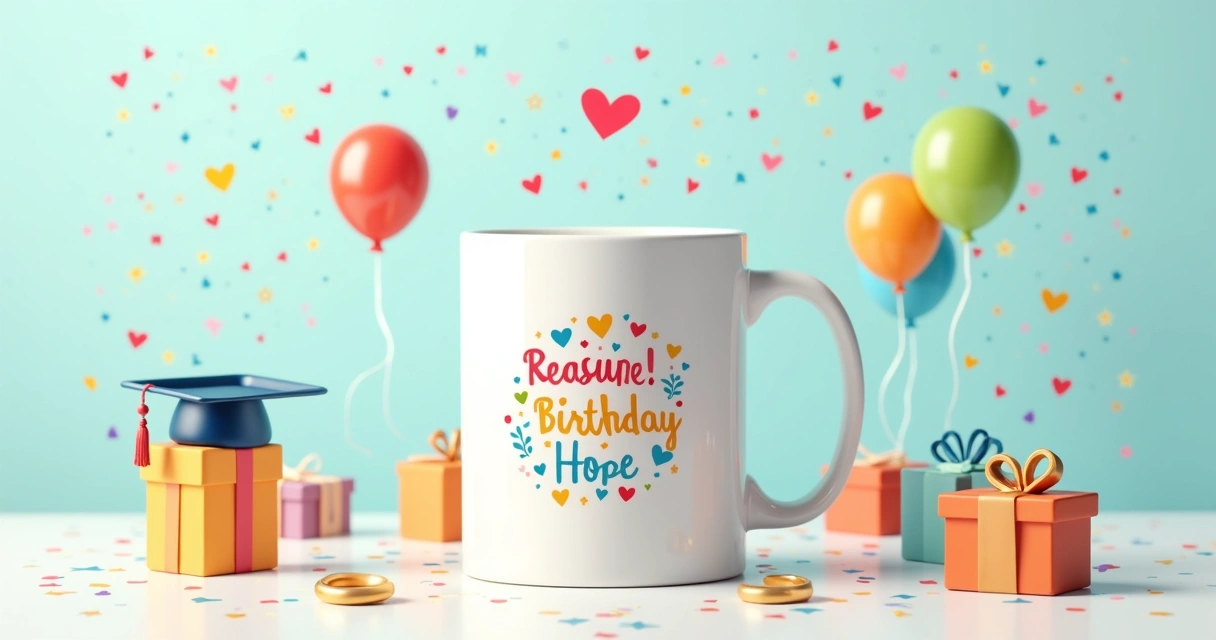 Caneca personalizada com brilho e elementos de celebração ao redor representando várias ocasiões