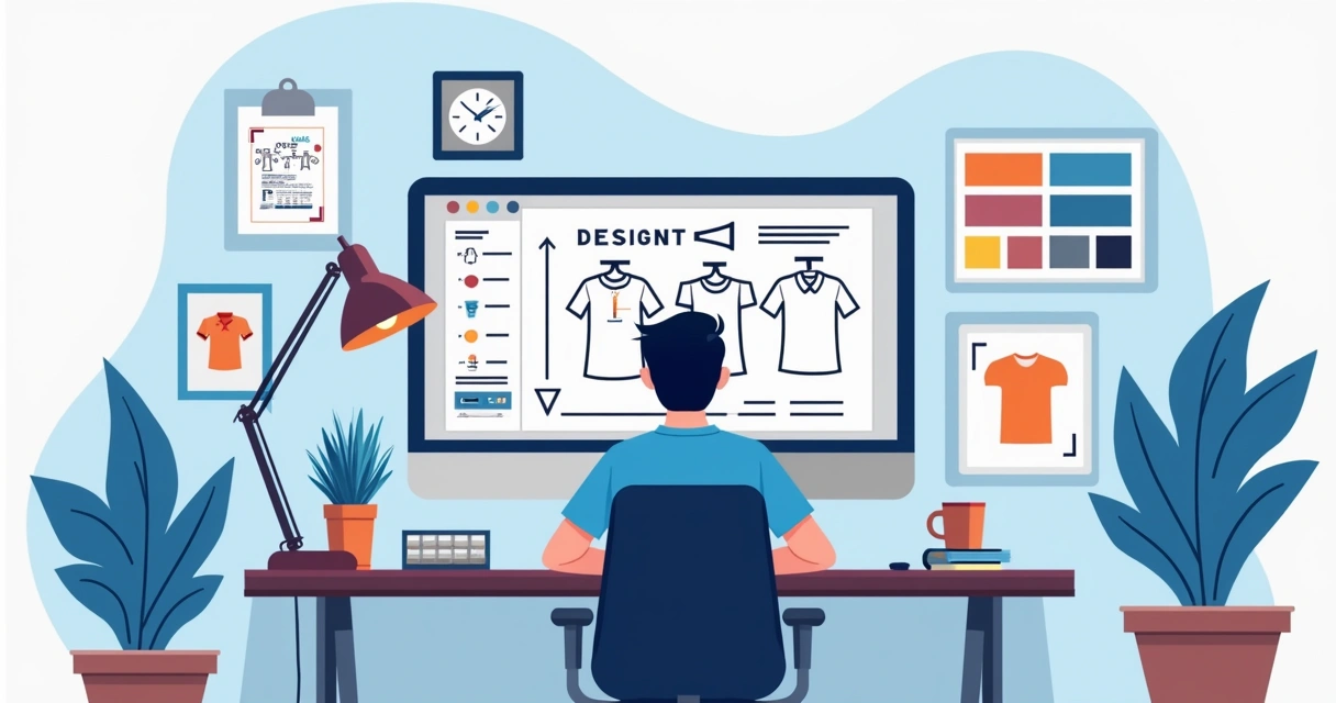 Ilustração flat corporativa mostrando designer gráfico trabalhando em computador com desenhos para impressão em camisetas personalizadas, telas com vetores e paleta de cores visíveis