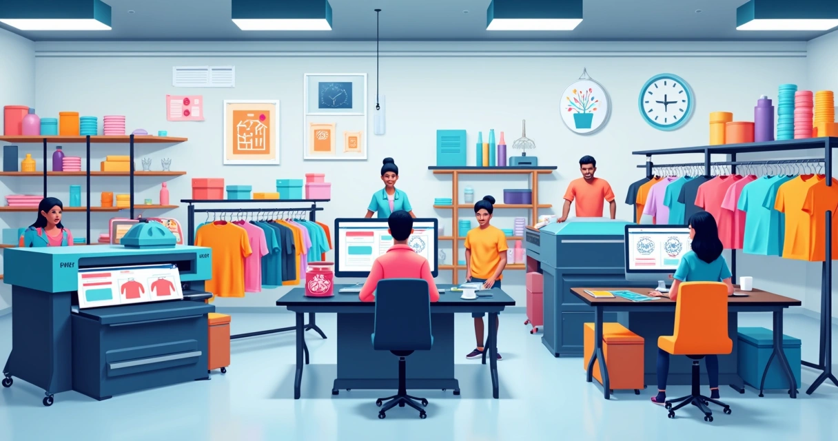 Ilustração corporativa de processo de estamparia rápida com camisetas personalizadas sendo produzidas com equipamentos modernos