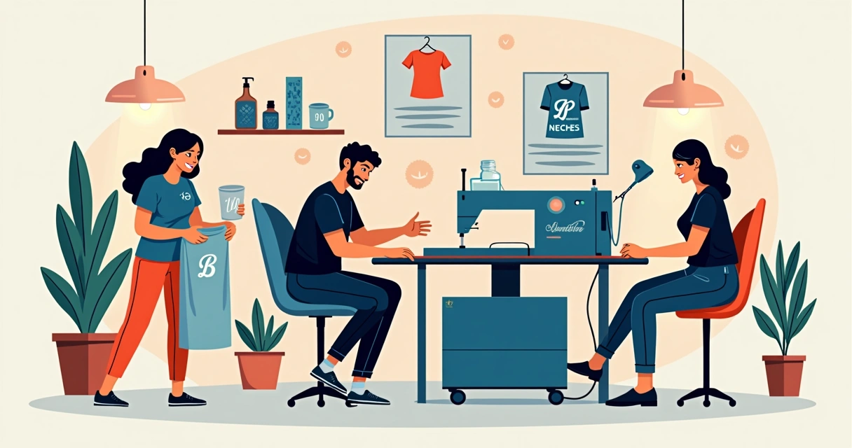 Ilustração corporativa plana de produção de camisetas personalizadas em Franca SP com máquinas de estamparia e designers trabalhando