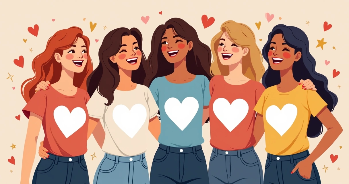 Ilustração flat corporativa de grupo feminino usando camisetas personalizadas coloridas, sorrindo e comemorando juntas