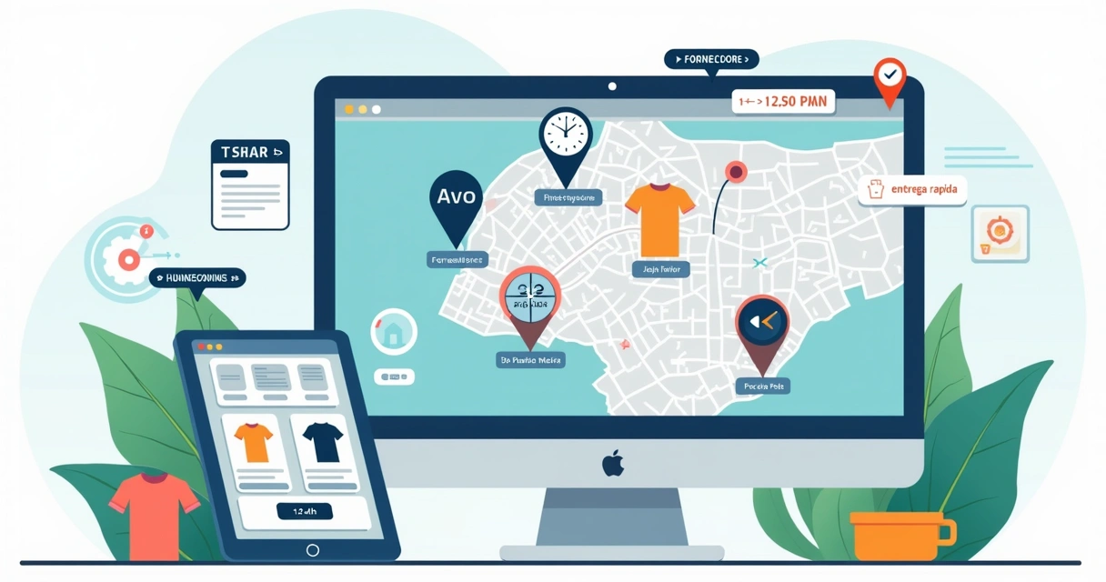 Ilustração corporativa de compra rápida de camisetas personalizadas em Mauá SP com mapa e fornecedores locais