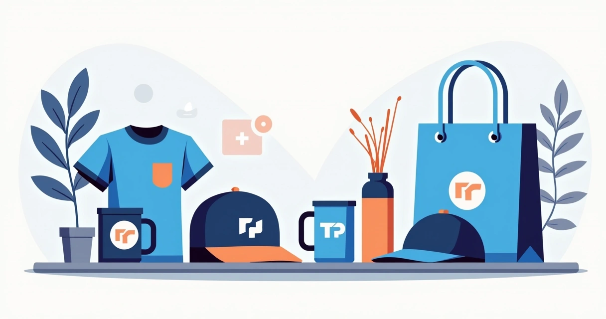 Ilustração corporativa flat de kits de brindes personalizados variados para eventos, com camisetas, canecas e ecobags em destaque, em ambiente clean e cores corporativas azul, cinza e branco