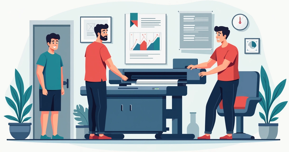 Ilustração corporativa com máquinas e técnicas para estampar camisetas mostrando prensa térmica, impressora de recorte e processo de serigrafia