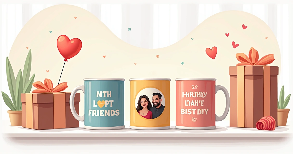 Ilustração corporativa flat de várias canecas personalizadas com diferentes designs coloridos, exibidas sobre uma mesa branca organizada. As canecas apresentam fotos, frases divertidas e desenhos temáticos para amigos, com acessórios como caixas de presente e elementos gráficos suaves ao fundo, em tons claros e vibrantes, transmitindo um ambiente alegre e criativo para presentear.