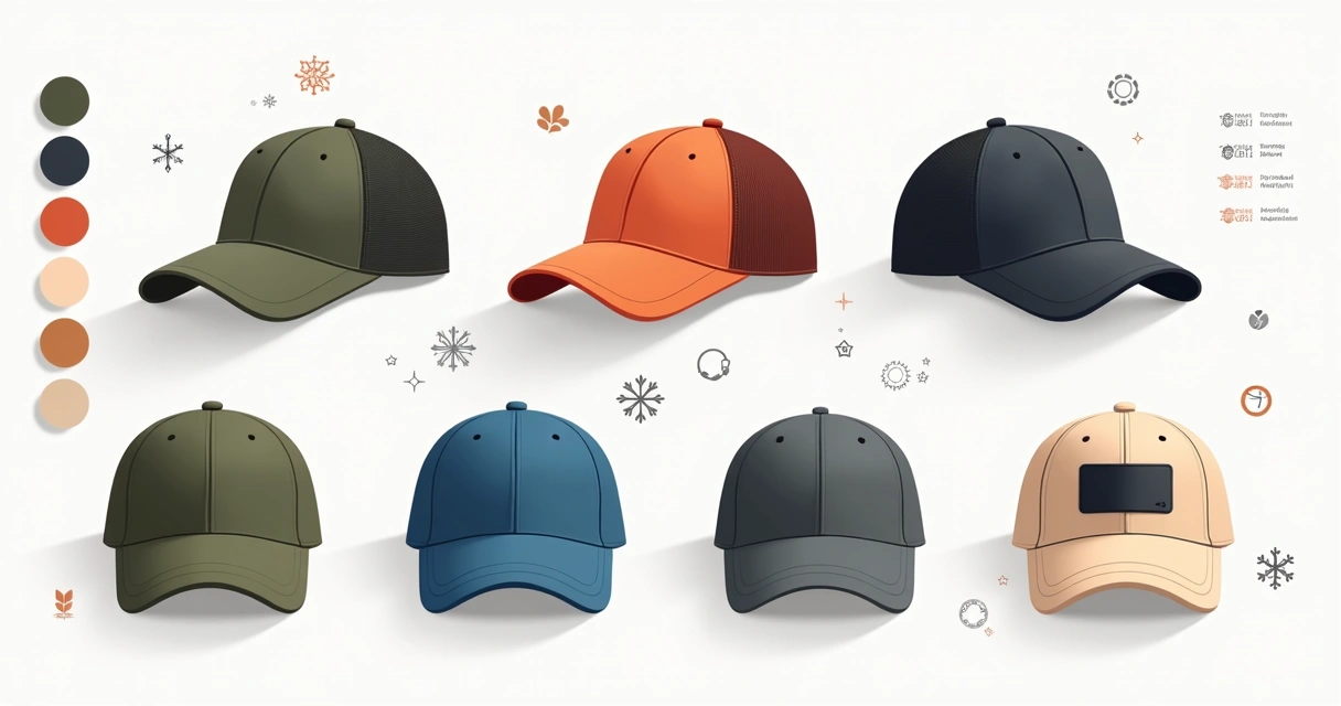 Personalização de boné com 7 modelos modernos em ilustração corporativa colorida