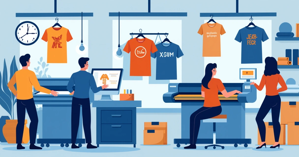 Ilustração corporativa flat mostrando processo de personalização expressa de camisas com máquinas de impressão digital e equipe trabalhando rápido