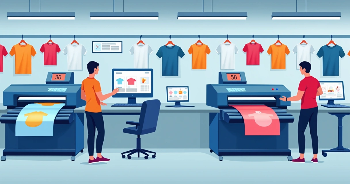 Ilustração flat corporativa do processo de estamparia em gráfica de camisetas mostrando máquinas, camisetas com estampas coloridas e designers avaliando artes