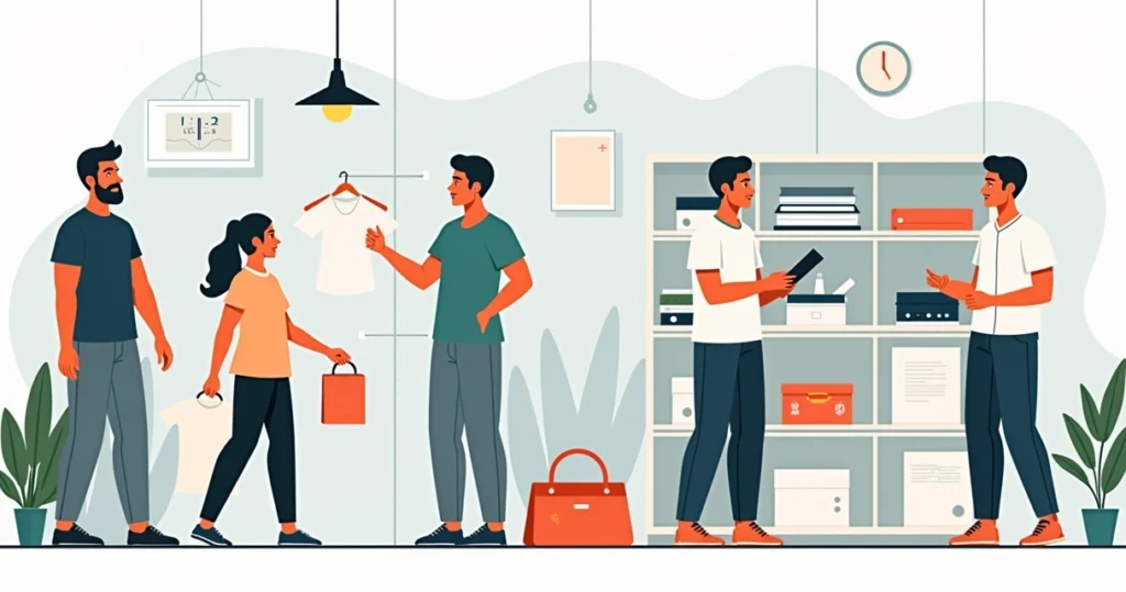 Ilustração corporativa flat mostrando processo de escolha de camisetas personalizadas em São Bernardo do Campo com etapas e critérios destacados