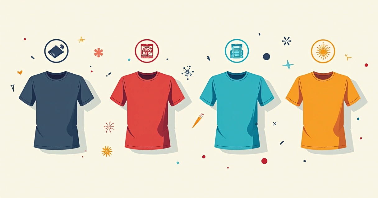 Ilustração corporativa plana mostrando quatro tipos de técnicas de impressão em camisetas personalizadas, com camisetas em cores diversas e ícones representando serigrafia, sublimação, transfer e bordado, sobre fundo claro e clean
