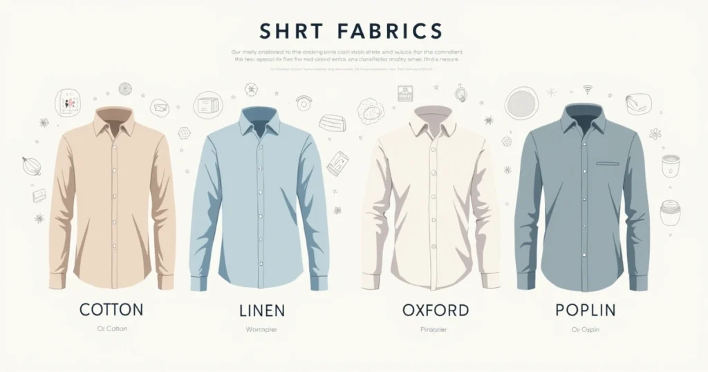 Ilustração corporativa de diferentes tipos de tecidos para camisas organizados em amostras coloridas com etiquetas identificando algodão, linho, poliéster, oxford e popeline