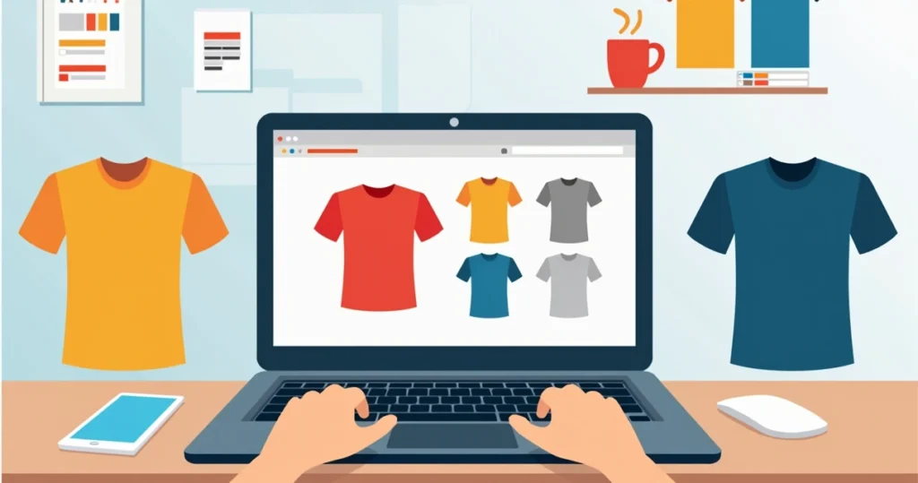 Ilustração corporativa plana mostrando camisetas personalizadas em várias cores diferentes alinhadas lado a lado, com uma mão digitando num laptop que exibe uma loja online de camisetas personalizadas em múltiplas cores