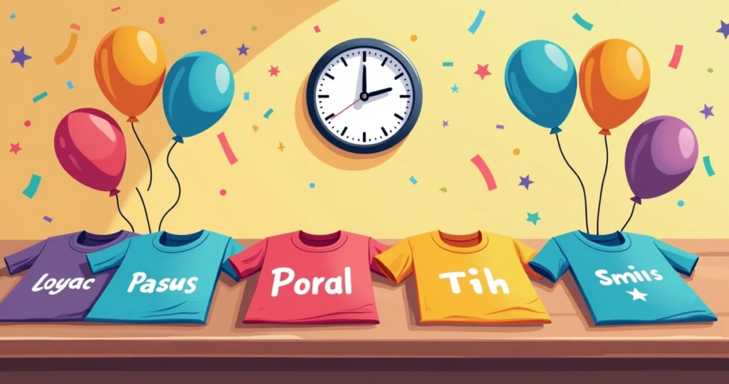 Ilustração corporativa de camisetas personalizadas coloridas em uma mesa, com relógio indicando urgência e elementos de festa ao fundo