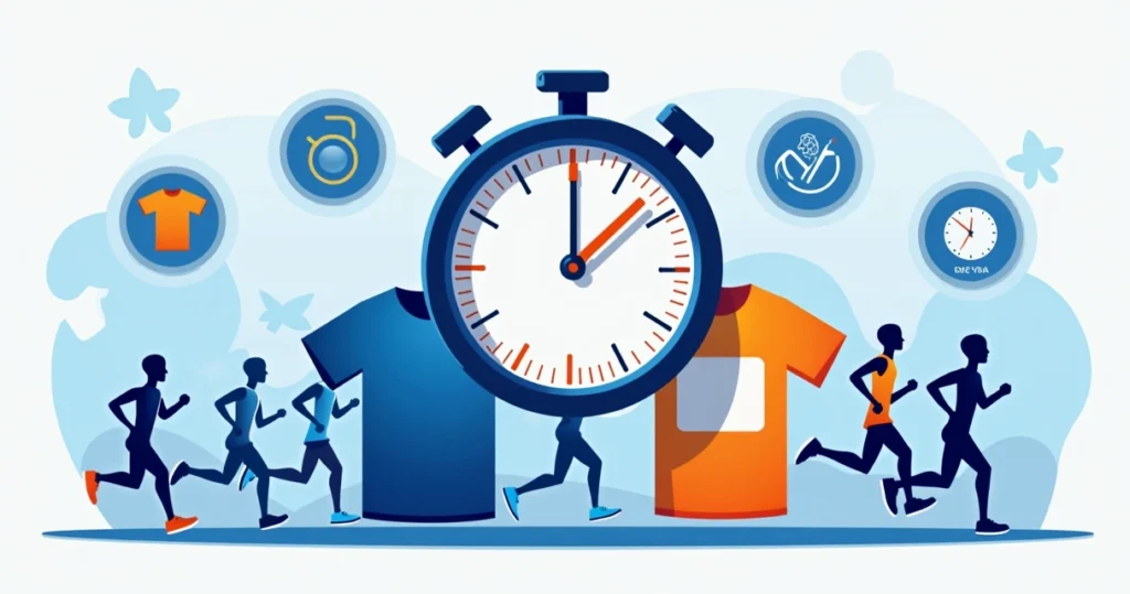 Ilustração corporativa mostrando camisetas personalizadas para corrida em destaque, com relógio marcando 12 horas e corrida em segundo plano