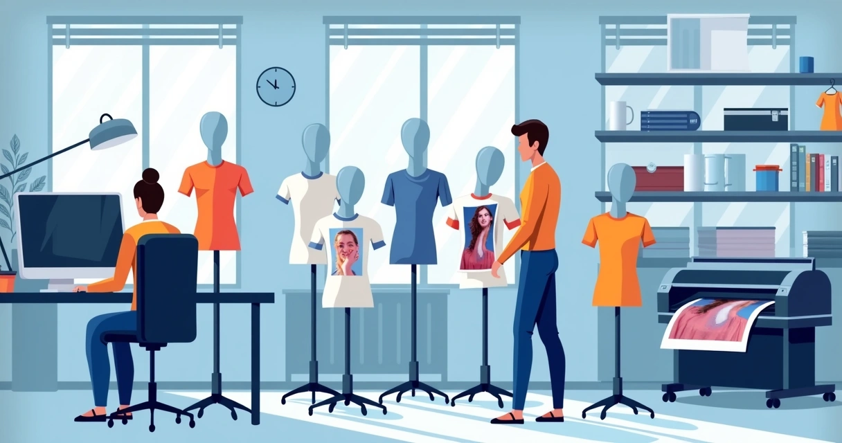 Ilustração corporativa de camisetas personalizadas com estampas fotográficas variadas expostas em manequins