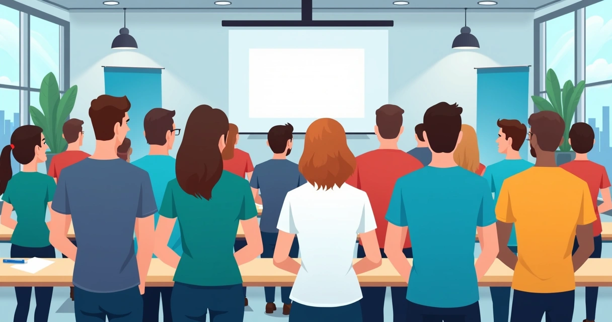 Ilustração corporativa de pessoas em evento com camisetas personalizadas de diferentes cores e logotipos