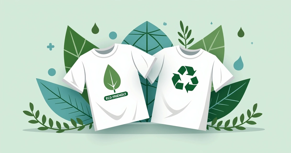 Ilustração corporativa de camisetas personalizadas feitas com tecido sustentável, destacando etiqueta ecológica e ícone de reciclagem