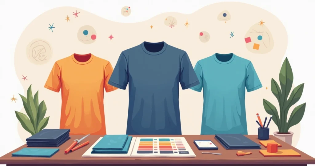 Ilustração corporativa de camisetas personalizadas em tecidos premium em diferentes cores e estilos sobre mesa com ferramentas de design gráfico