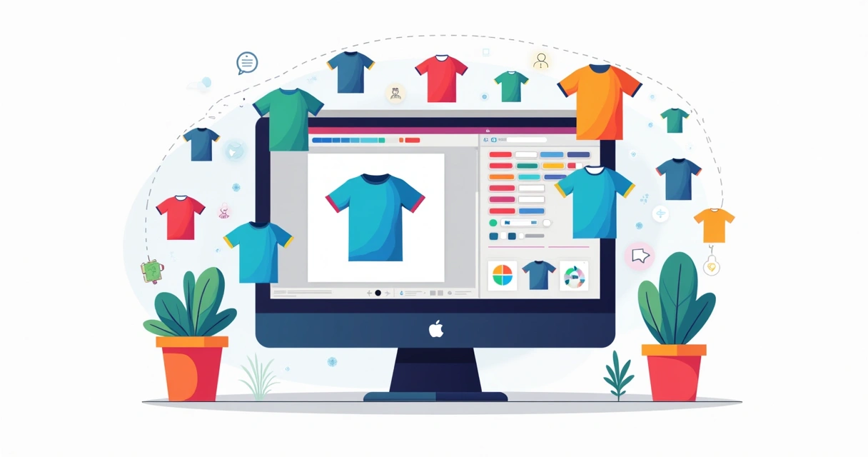 Ilustração corporativa plana mostrando processo de criação de camiseta personalizada online com telas digitais, camisetas coloridas e elementos de design