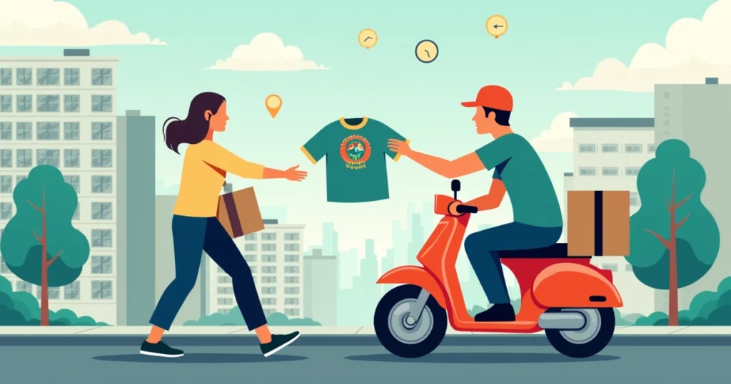 Ilustração corporativa flat mostrando a entrega expressa de camisetas personalizadas em São Paulo, com motoboy entregando camisetas em caixa para cliente em ambiente urbano