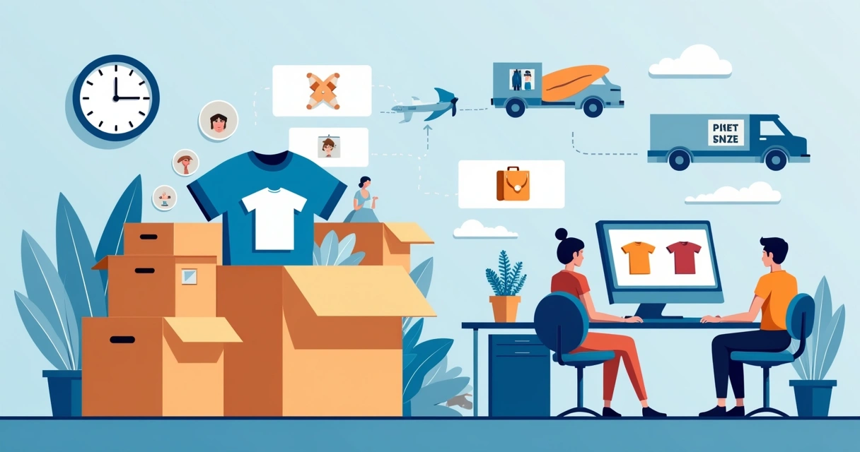 Ilustração plana corporativa mostrando camisetas personalizadas em caixas de entrega com relógio indicando rapidez