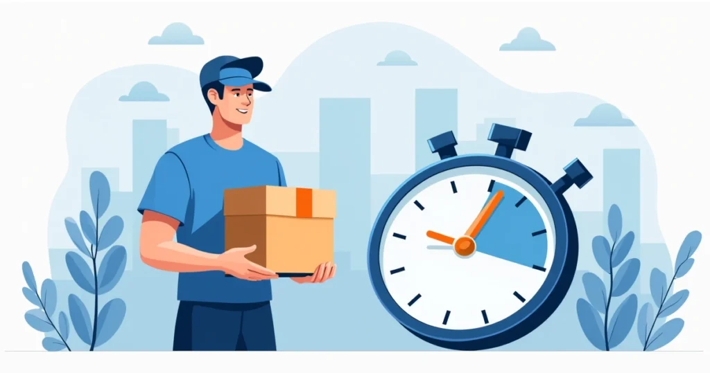 Entregador com camiseta personalizada segurando caixa com cronômetro ao lado representando entrega rápida em 12 horas