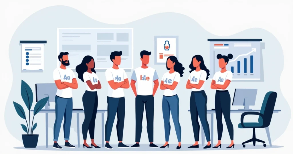 Equipe profissional vestindo camisetas personalizadas em ambiente corporativo