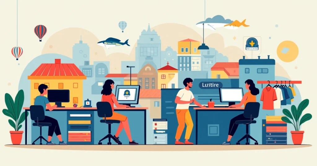 Ilustração corporativa plana mostrando processo de estamparia de camisetas em São Caetano do Sul, com designers, máquinas de serigrafia e camisetas personalizadas ao fundo, mapa estilizado dos bairros de São Caetano e elementos do ABC Paulista em cores vibrantes