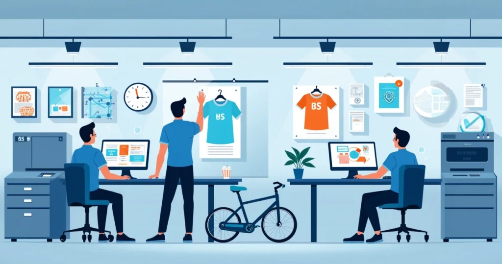 Ilustração corporativa de uma estamparia express em São Paulo com máquinas modernas operando em ambiente limpo e organizado, várias camisetas personalizadas em produção, técnicos trabalhando em computadores e telas mostrando prazos urgentes e mapas da cidade. Cores claras e azuis predominantes, incluindo elementos visuais que indicam rapidez e eficiência, como relógios e ícones de entrega motoboy na capital paulista