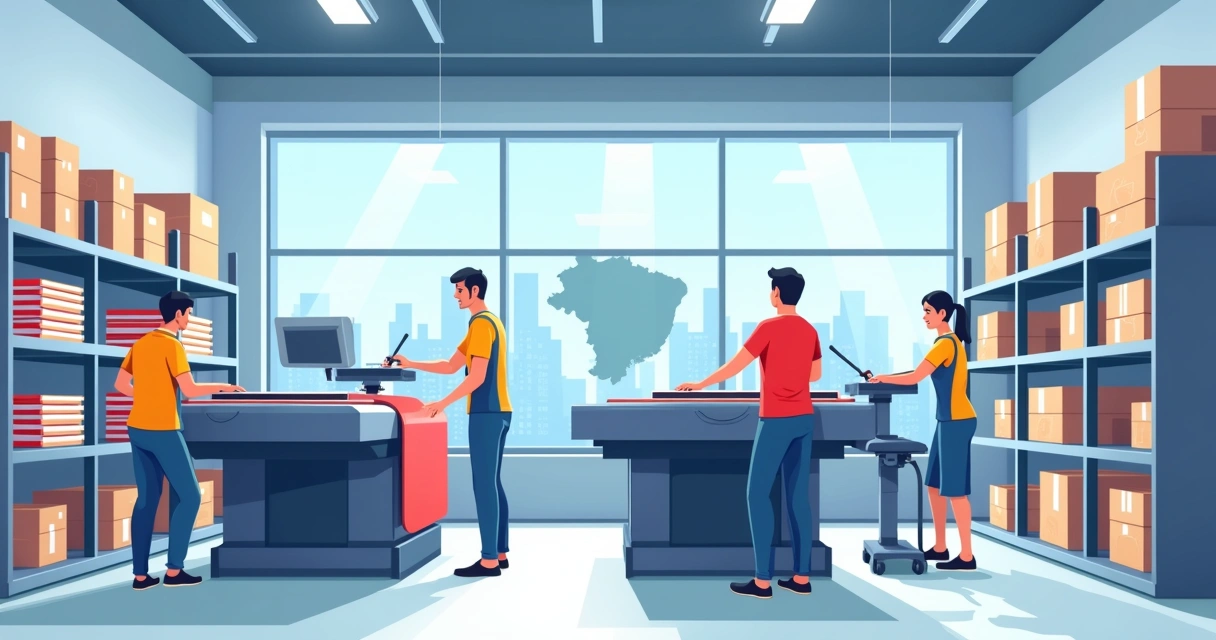 Ilustração corporativa plana mostrando uma fábrica de camisetas personalizadas em São Paulo com máquinas modernas de estamparia, funcionários operando equipamentos de silk screen e sublimação digital, prateleiras organizadas com camisetas coloridas e caixas de pedidos prontos para envio, ambiente limpo e iluminado, com mapa estilizado de São Paulo ao fundo indicando logística eficiente
