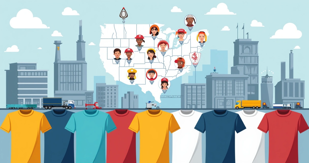 Ilustração corporativa com camisetas personalizadas e mapa de Americana SP mostrando fornecedores locais