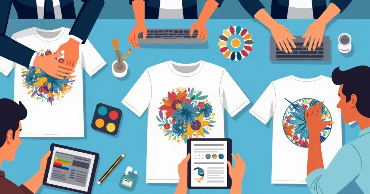 Ilustração flat corporativa mostrando camisetas personalizadas com estampas exclusivas em uma mesa com designers e clientes discutindo artes para impressão