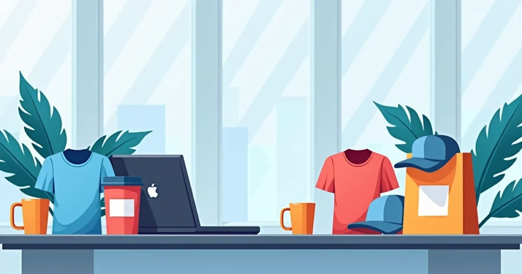 Ilustração flat corporativa de kit de boas-vindas com camisetas, canecas, bonés e ecobags personalizados sobre mesa de escritório