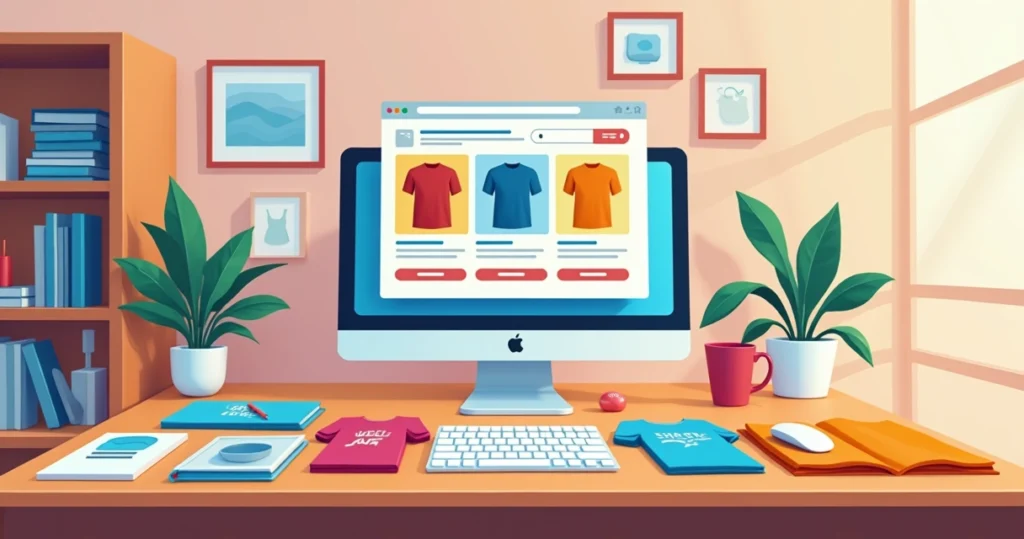 Ilustração corporativa plana mostrando diversas camisetas personalizadas exibidas em uma mesa com designs coloridos, com um computador ao lado exibindo uma loja online de camisetas, com elementos gráficos que indicam alta qualidade de impressão e rapidez de entrega