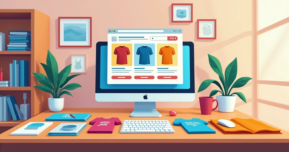 Ilustração corporativa plana mostrando diversas camisetas personalizadas exibidas em uma mesa com designs coloridos, com um computador ao lado exibindo uma loja online de camisetas, com elementos gráficos que indicam alta qualidade de impressão e rapidez de entrega