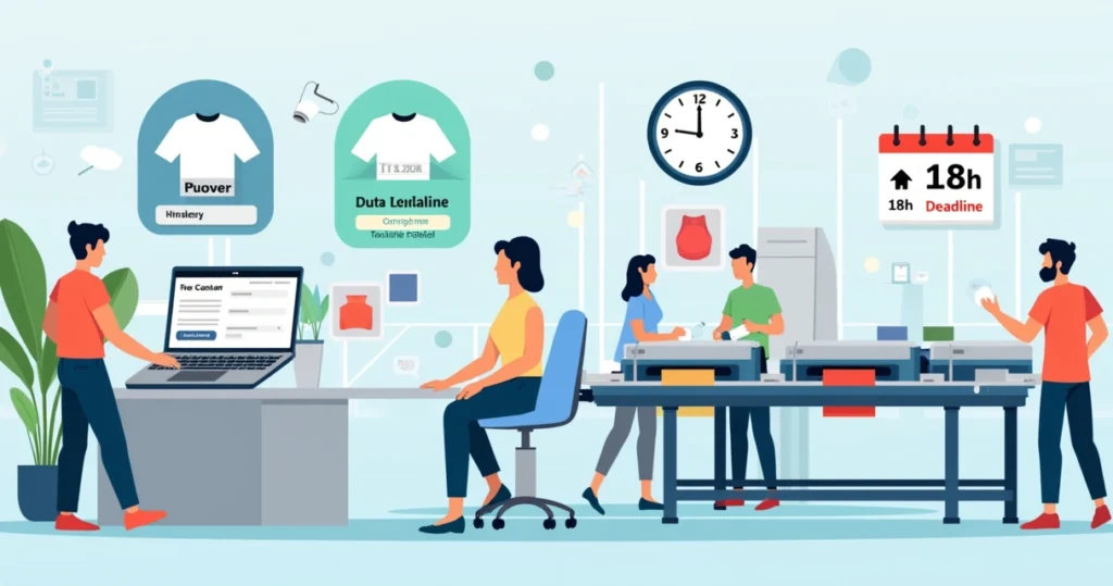 Ilustração plana corporativa de processo ágil para pedido e entrega de camisetas personalizadas em 12 horas