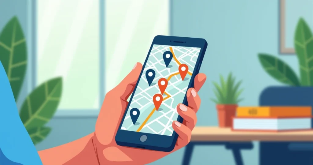 Pessoa segurando celular com mapa aberto buscando estamparia perto de mim