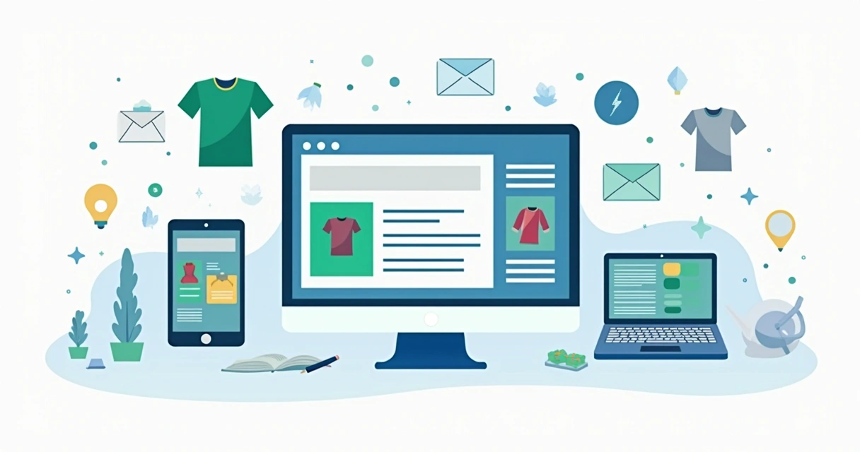 Ilustração corporativa flat mostrando diversas plataformas digitais para criação e compra de camisetas personalizadas no Brasil, com ícones de computadores, camisetas, e lojas online coloridas em tons azuis e verdes