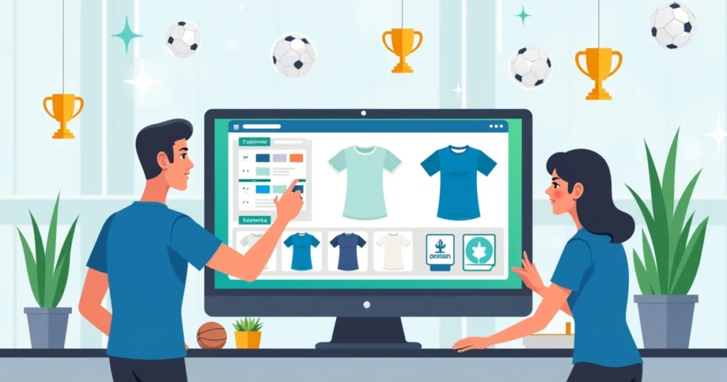 Ilustração corporativa plana com pessoas escolhendo e personalizando camisetas esportivas em um computador, mostrando opções de design e modelos em um ambiente claro e moderno
