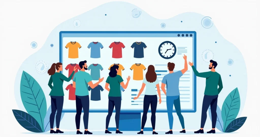 Ilustração flat corporativa de pessoas escolhendo camisetas personalizadas em loja online com destaque para entrega rápida em 12 horas