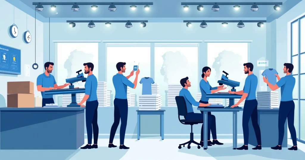 Linha de produção de camisetas personalizadas com máquinas de silk e transfer em ambiente corporativo