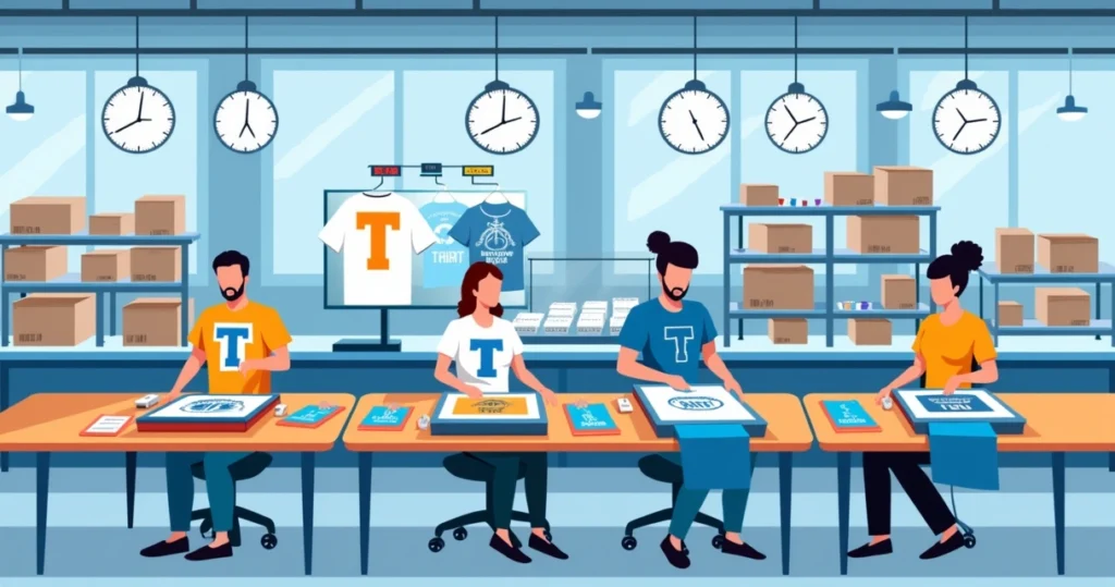 Ilustração corporativa de equipe produzindo camisetas personalizadas rapidamente em ambiente de fábrica moderna