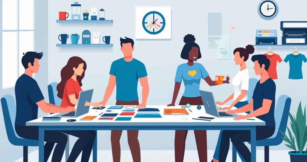 Ilustração corporativa de uma equipe personalizando camisetas com detalhes únicos em ambiente moderno e organizado