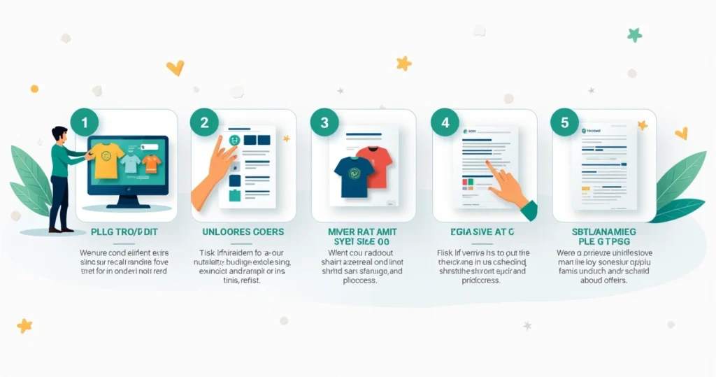 Ilustração flat corporativa mostrando cinco passos simples para pedir camiseta personalizada online com ícones, seleção de modelo, definição de tamanhos, envio de arte, orçamento e finalização do pedido