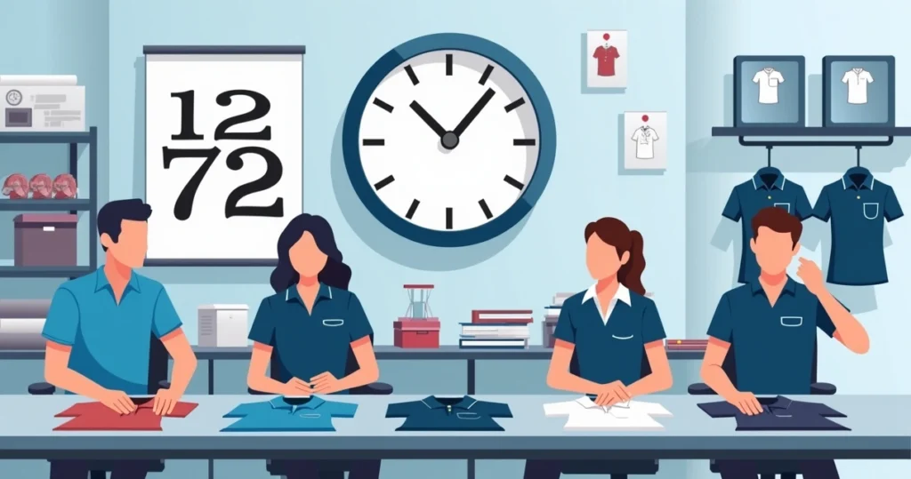 Ilustração corporativa de profissionais revisando uniformes personalizados em ambiente de produção com relógio mostrando urgência