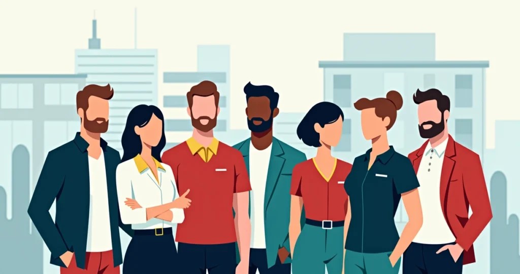 Equipe de profissionais com uniformes empresariais personalizados em diferentes setores, cores e tecidos variados, em ambiente corporativo estilizado