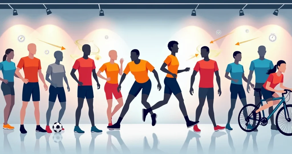 Uniformes esportivos coloridos em display com atletas em ação e elementos gráficos de velocidade e performance