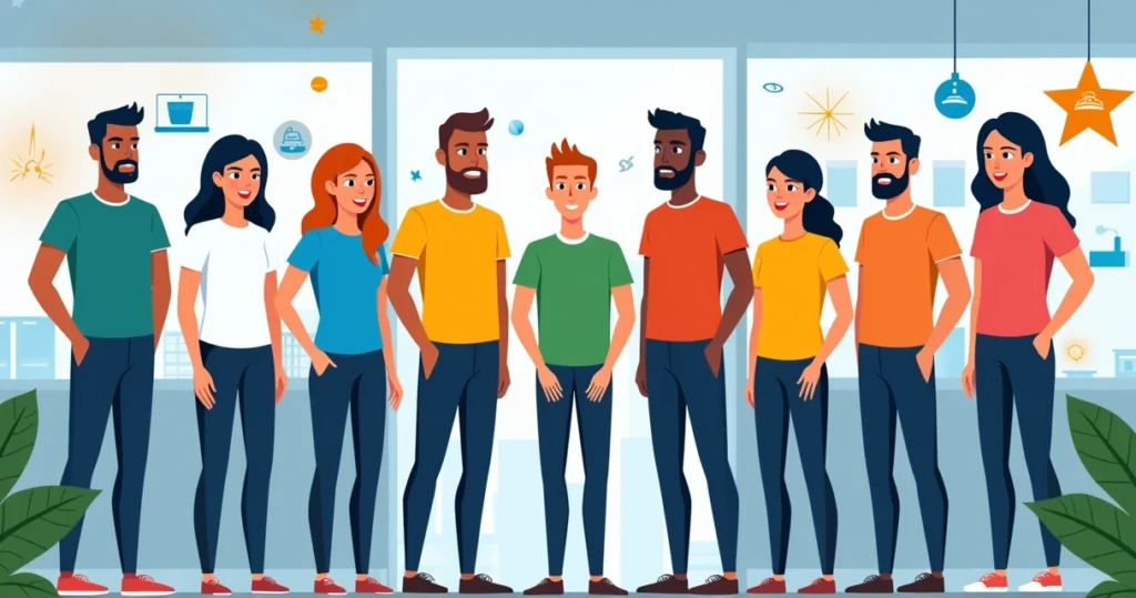 Equipe de pessoas usando camisetas personalizadas em evento corporativo em Jundiaí, fundo com elementos gráficos de estamparia e branding