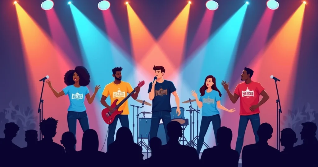Ilustração corporativa flat de músicos no palco usando camisetas personalizadas coloridas com logo de banda, luzes de show coloridas ao fundo e público ao longe